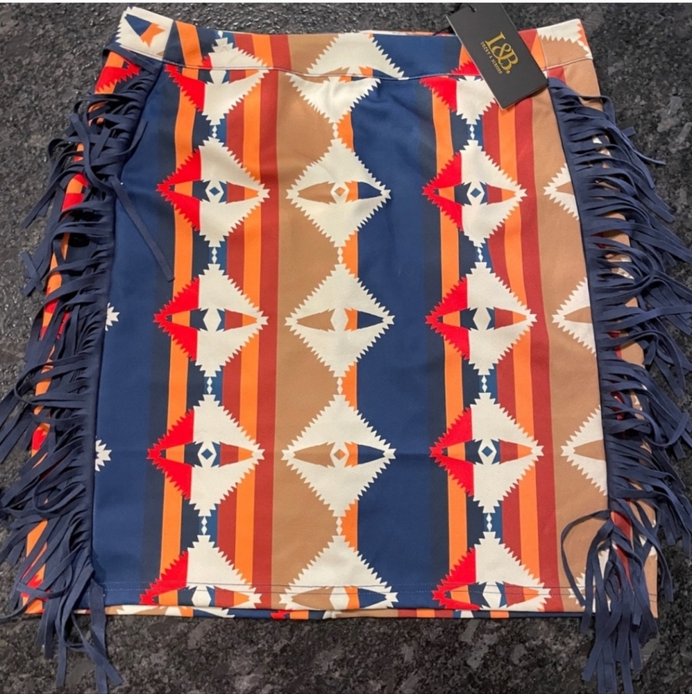 Lucky & Blessed Multicolor Geometric Fringe Midi Skirt